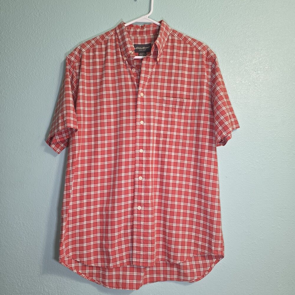 Eddie Bauer Button Down Short Sleeve Shirt Plaid Burnt Orange Cotton Men’s